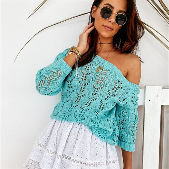 Kvinnor Off-Shoulder Stickad Tröja med Blommigt Hålmönster Mirla-Eva Jonsson