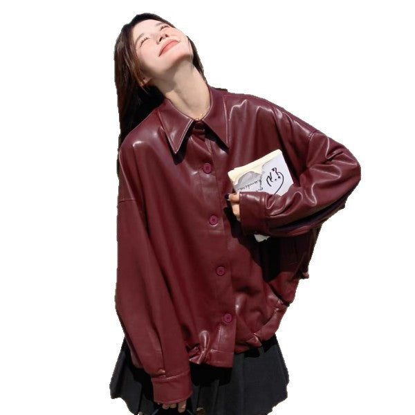 Kvinnor Oversized Faux Läderjacka med Praktiska Fickor och Knäppning Mirla-Eva Jonsson