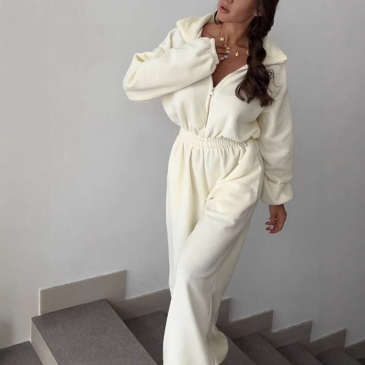 Kvinnor Oversized Fleece Jumpsuit med Ståkrage och Elastisk Midja Mirla-Eva Jonsson
