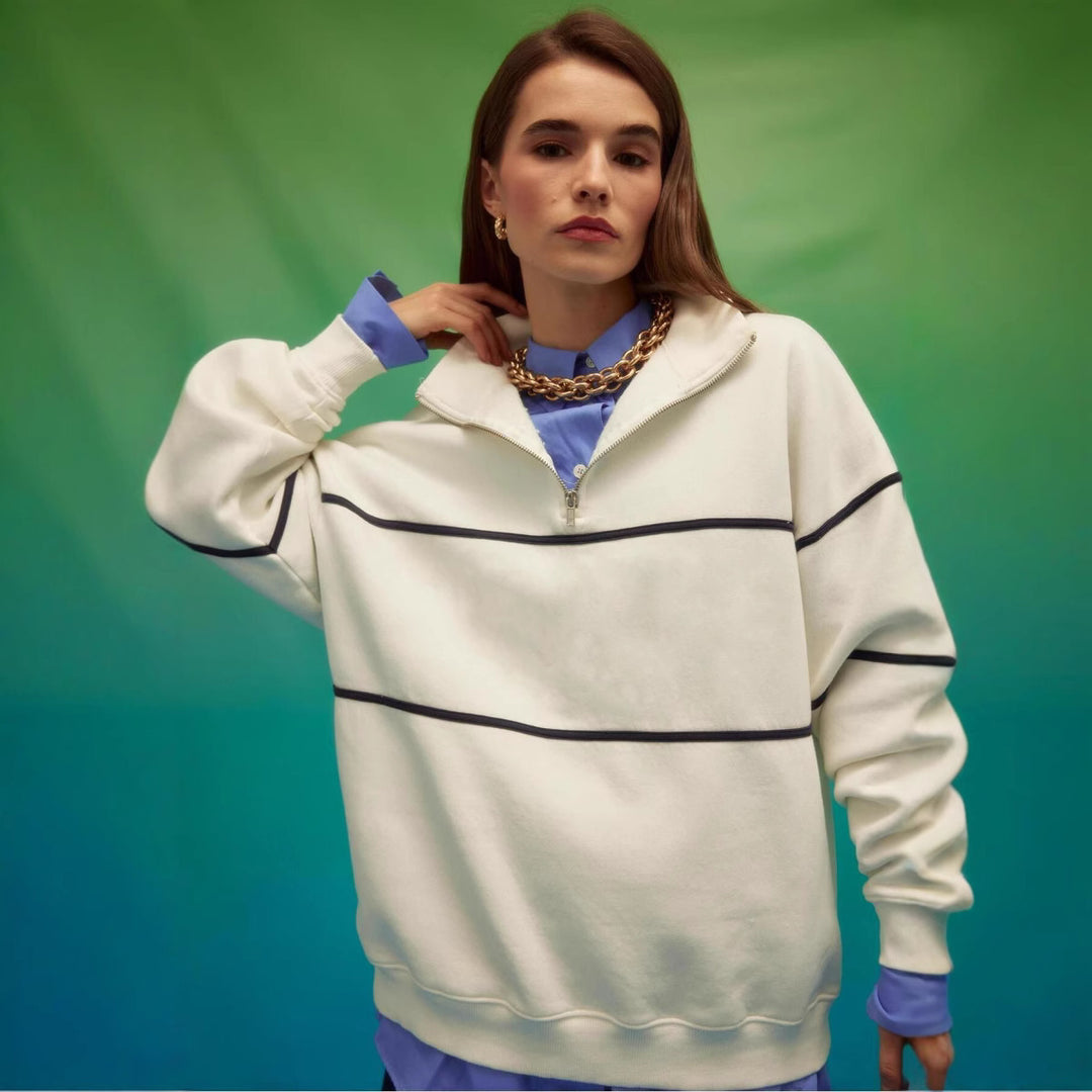 Kvinnor Oversized Hoodie med Dragkedja och Randigt Mönster Mirla-Eva Jonsson