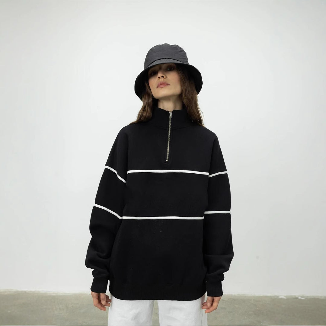 Kvinnor Oversized Hoodie med Dragkedja och Randigt Mönster Mirla-Eva Jonsson