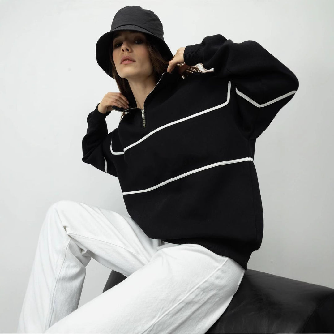 Kvinnor Oversized Hoodie med Dragkedja och Randigt Mönster Mirla-Eva Jonsson
