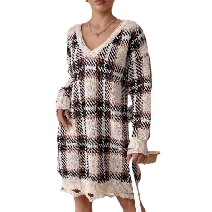Kvinnor Oversized V-halströja med rutigt mönster Mirla-Eva Jonsson