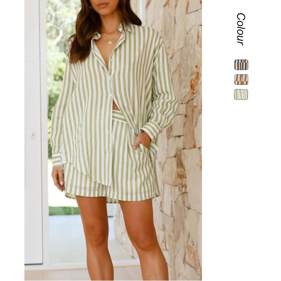 Kvinnor Randig Kortärmad Skjorta och Shorts Set Mirla-Eva Jonsson