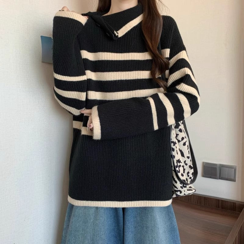 Kvinnor Randig Tröja med Modern Krage och Knappar Detaljer Mirla-Eva Jonsson