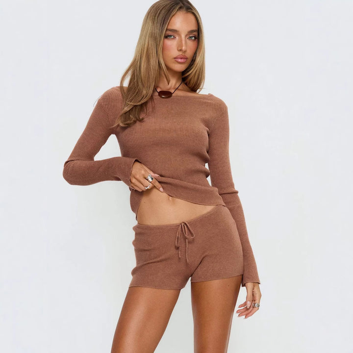 Kvinnor Ribbstickad Loungewear Set med Mjuk Top och Shorts Mirla-Eva Jonsson