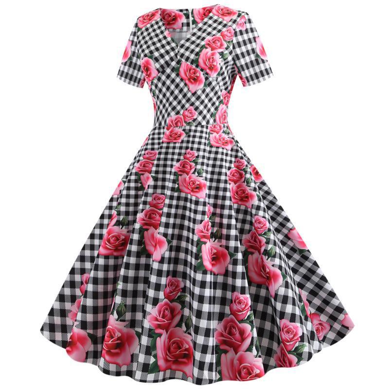 Kvinnor Rockabilly Klänning med Blommigt Rutmönster Mirla-Eva Jonsson