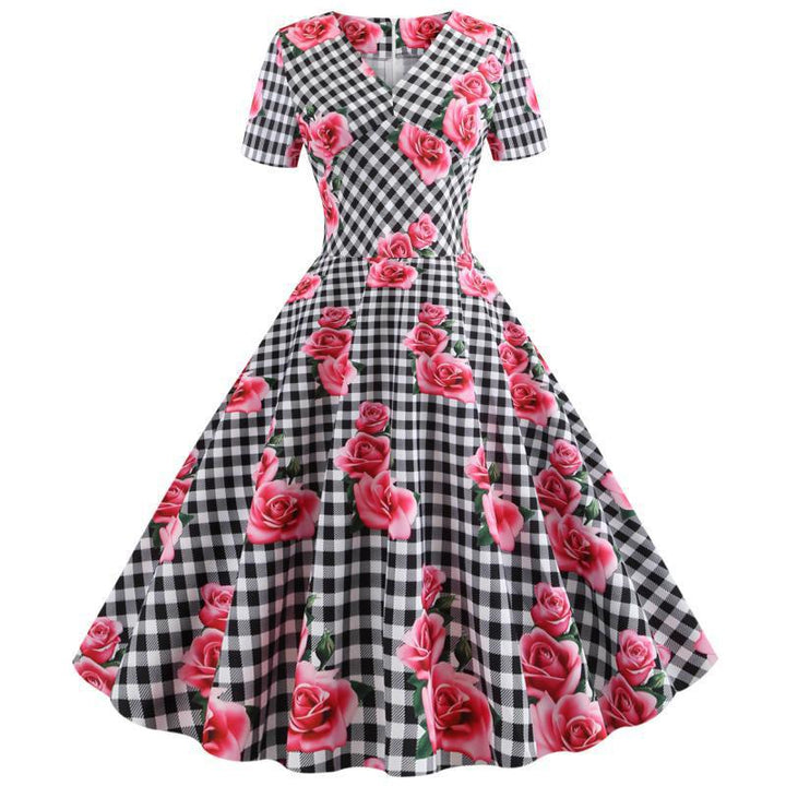 Kvinnor Rockabilly Klänning med Blommigt Rutmönster Mirla-Eva Jonsson