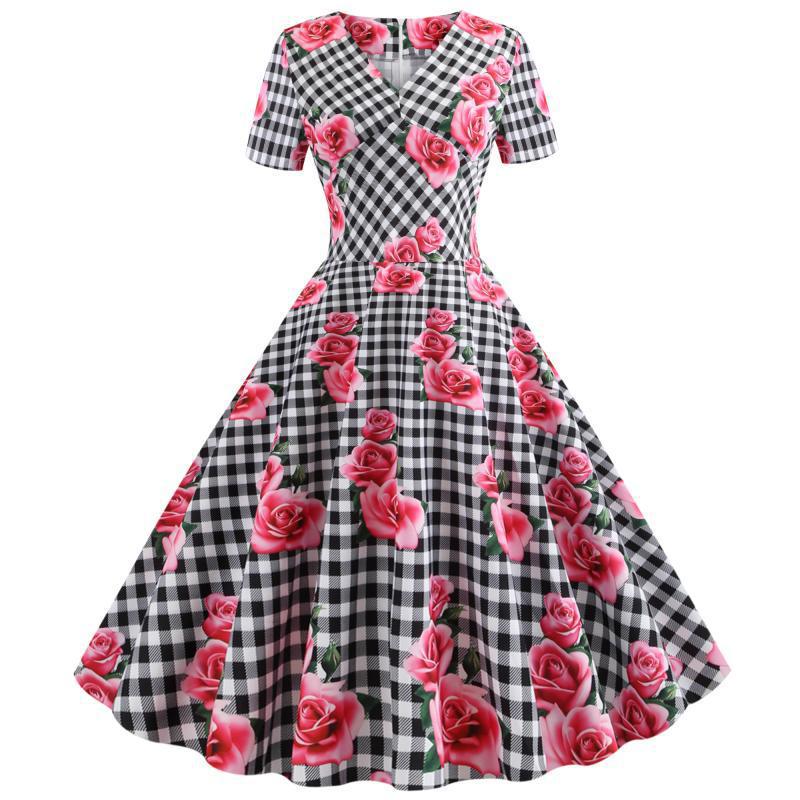 Kvinnor Rockabilly Klänning med Blommigt Rutmönster Mirla-Eva Jonsson