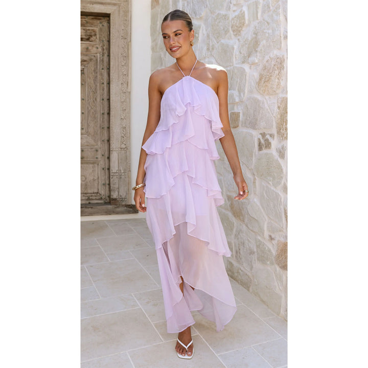 Kvinnor Ruffled Maxi Klänning med Asymmetrisk Design och Elegant Halterneck Top-Eva Jonsson