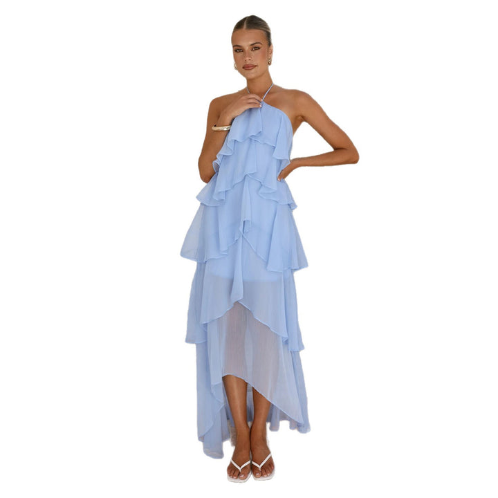 Kvinnor Ruffled Maxi Klänning med Asymmetrisk Design och Elegant Halterneck Top-Eva Jonsson