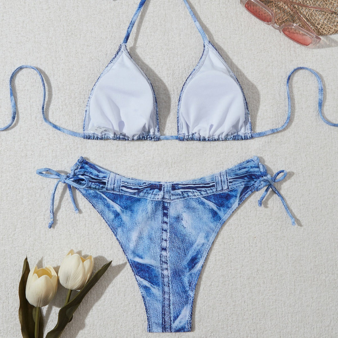 Kvinnor Triangel-Bikini I Jeans-Look med Justerbara Snörningar Mirla-Eva Jonsson