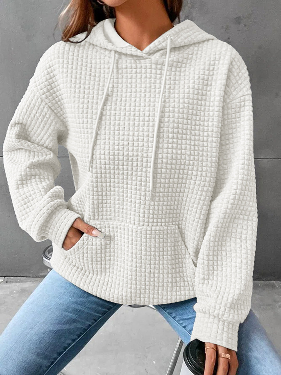 Kvinnor Vaffelstruktur Hoodie med Kängurufick och Avslappnad Snitt Mirla-Eva Jonsson