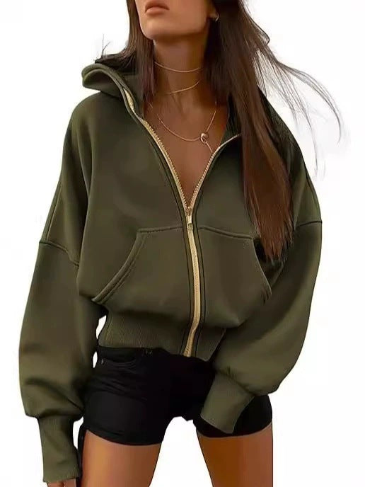 Kvinnor avslappnad hoodie med voluminösa ärmar och guldfärgad dragkedja Eva Jonsson-Eva Jonsson