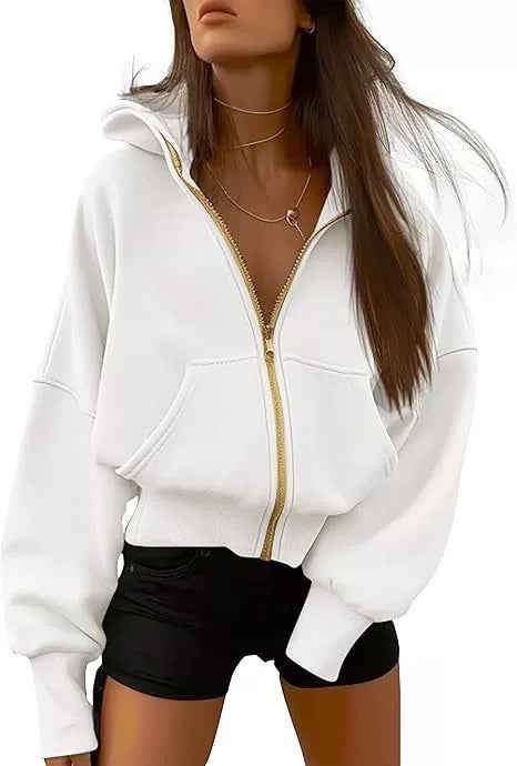 Kvinnor avslappnad hoodie med voluminösa ärmar och guldfärgad dragkedja Eva Jonsson-Eva Jonsson