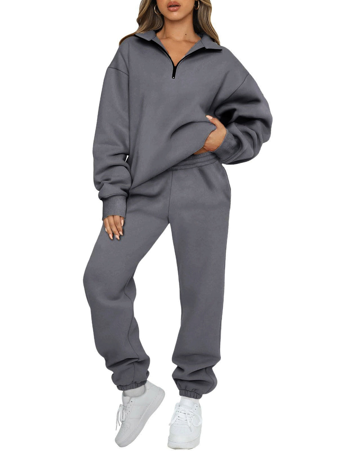 Kvinnor bekväm hoodie-set med kort dragkedja och elastiskt midjeband Eva Jonsson-Eva Jonsson