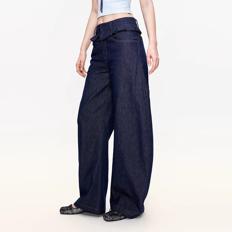 Kvinnor breda denimbyxor med hög midja och trendiga veck.-Eva Jonsson