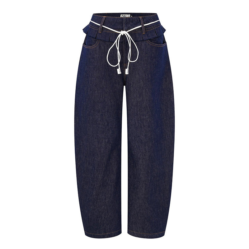 Kvinnor breda denimbyxor med hög midja och trendiga veck.-Eva Jonsson