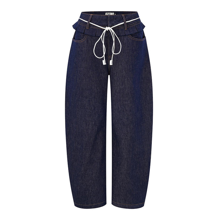 Kvinnor breda denimbyxor med hög midja och trendiga veck.-Eva Jonsson
