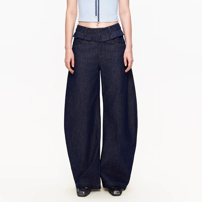 Kvinnor breda denimbyxor med hög midja och trendiga veck.-Eva Jonsson
