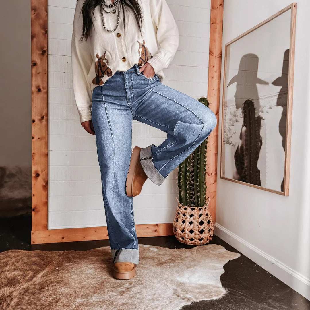 Kvinnor breda högmidjade jeans med unika kontrastsömmar och avslappnad look Mirla-Eva Jonsson