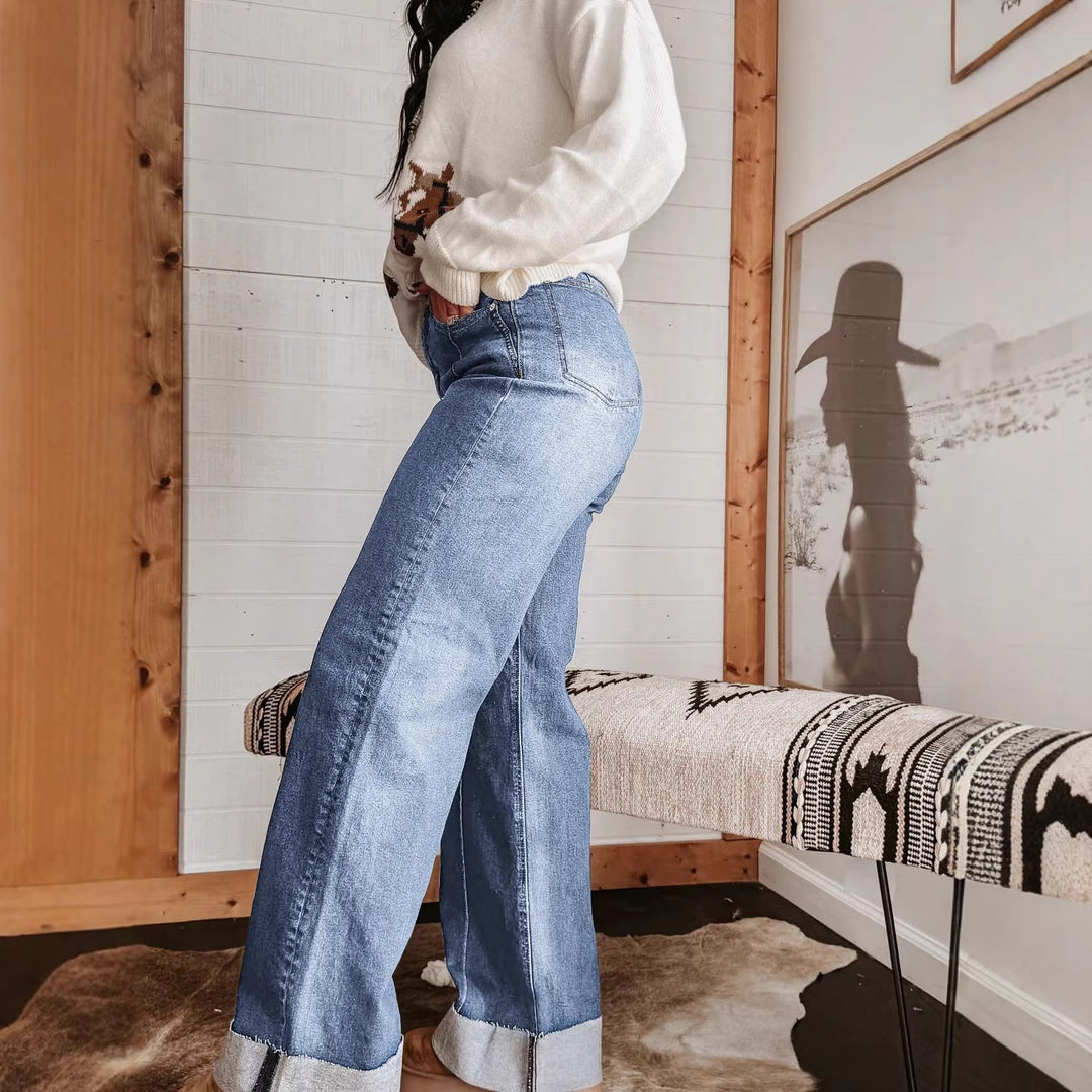 Kvinnor breda högmidjade jeans med unika kontrastsömmar och avslappnad look Mirla-Eva Jonsson