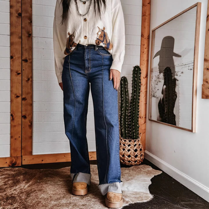 Kvinnor breda högmidjade jeans med unika kontrastsömmar och avslappnad look Mirla-Eva Jonsson