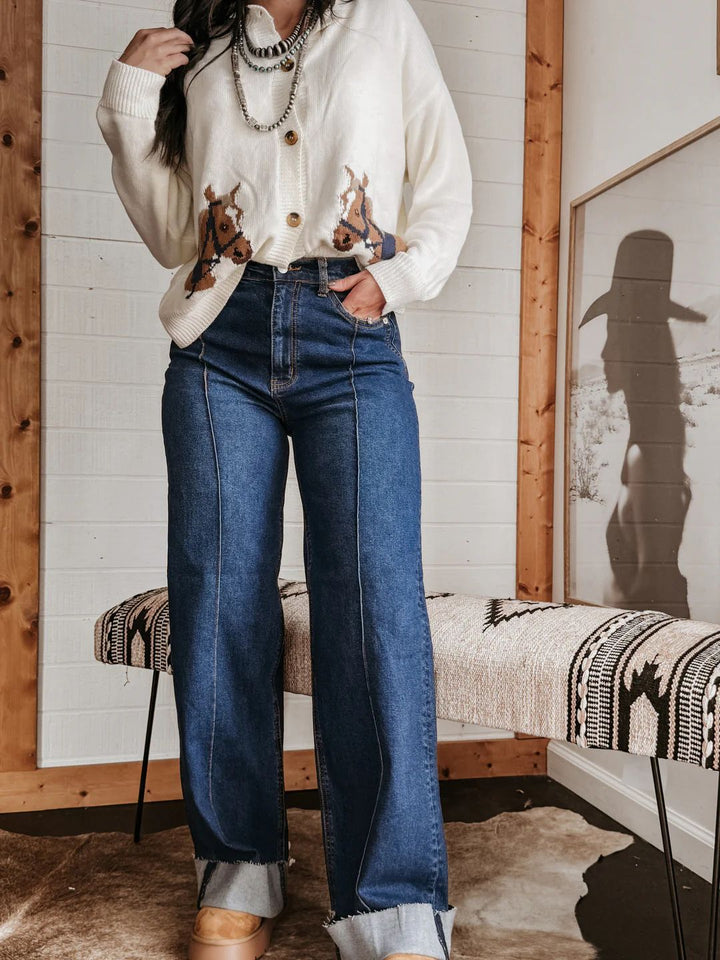 Kvinnor breda högmidjade jeans med unika kontrastsömmar och avslappnad look Mirla-Eva Jonsson