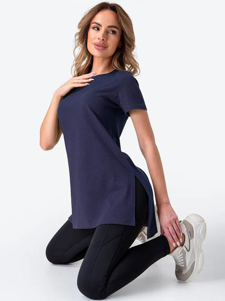 Kvinnor casual longline T-shirt med sidokilar och hög bärkomfort Mirla-Eva Jonsson