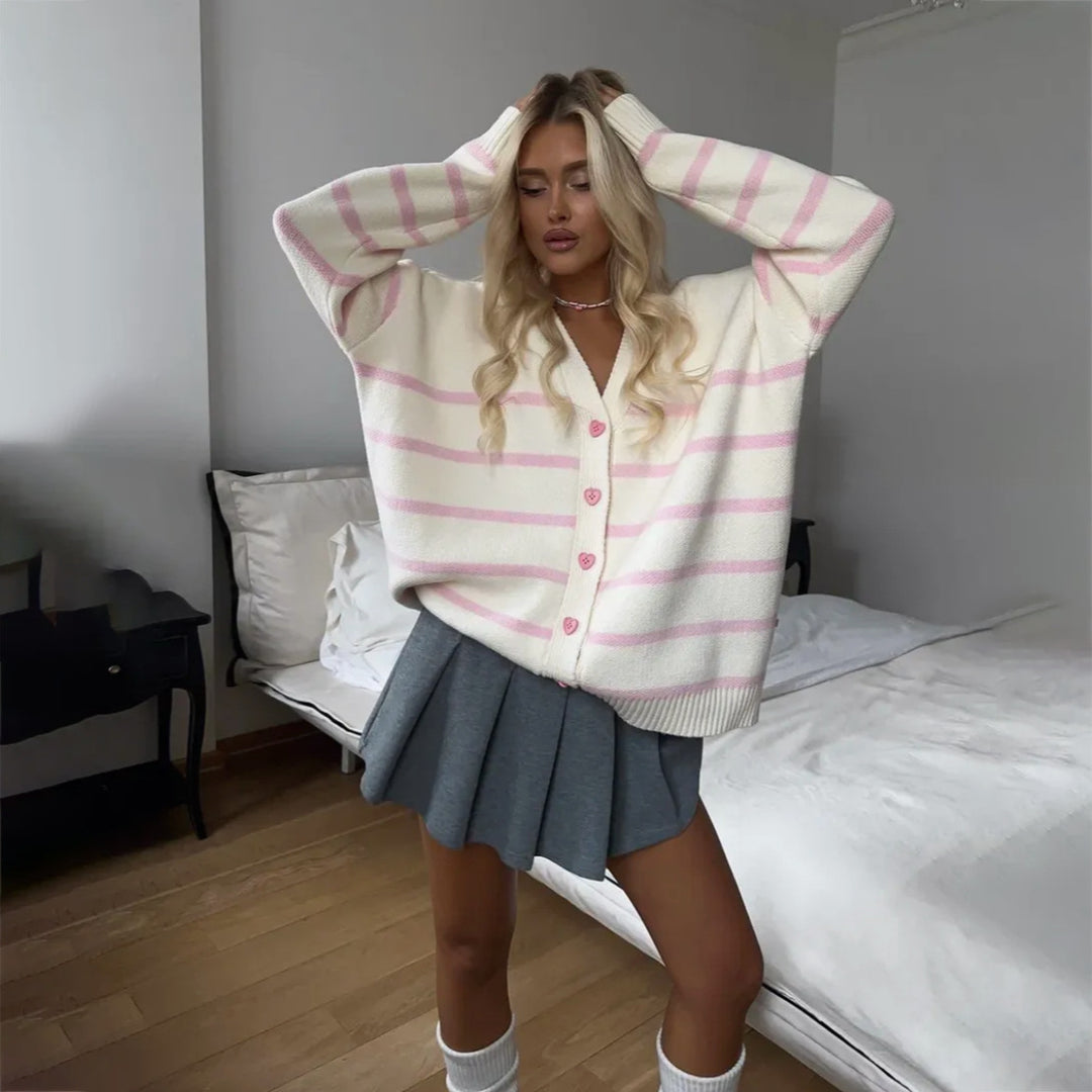 Kvinnor chunky stickad cardigan med delikata ränder Mirla-Eva Jonsson
