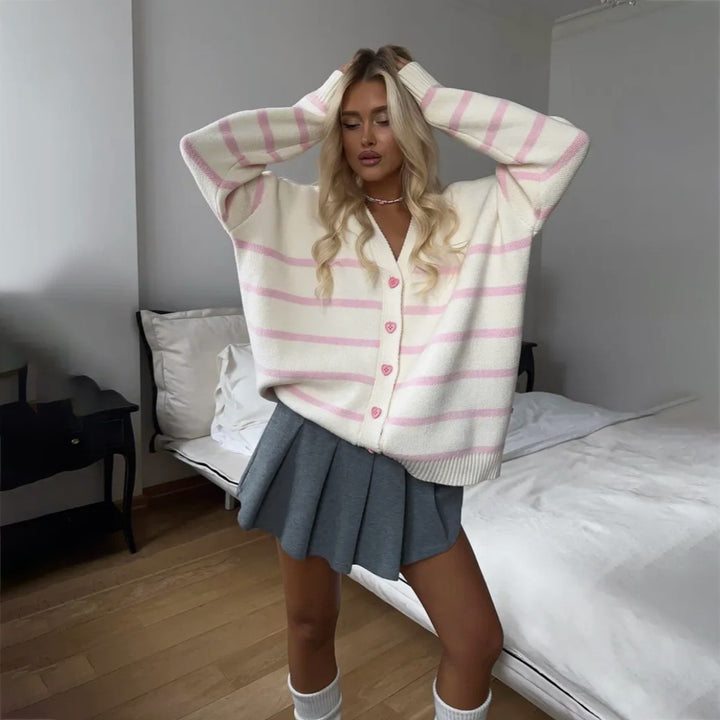 Kvinnor chunky stickad cardigan med delikata ränder Mirla-Eva Jonsson