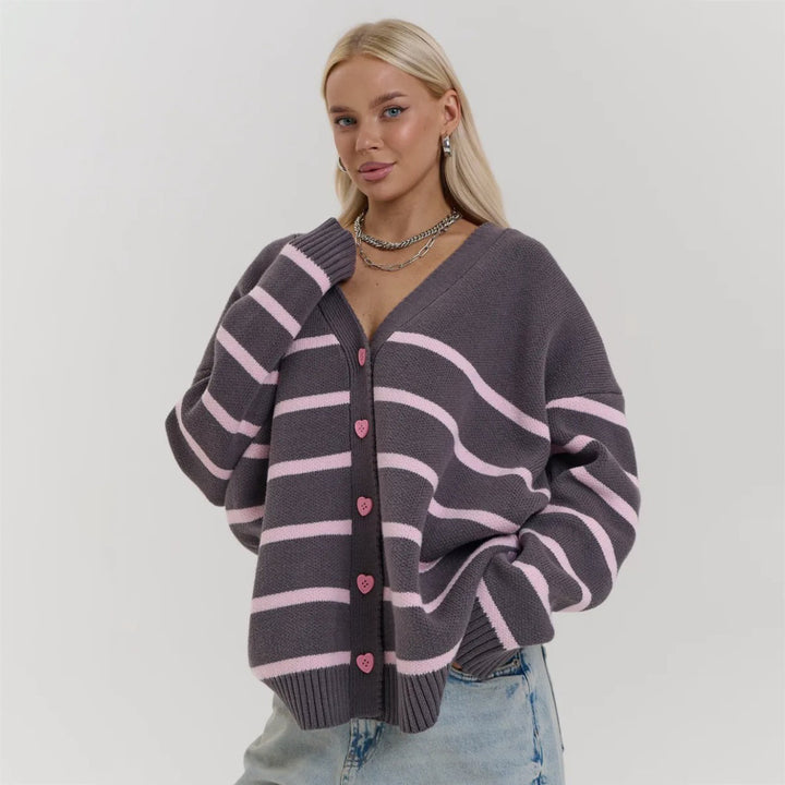 Kvinnor chunky stickad cardigan med delikata ränder Mirla-Eva Jonsson