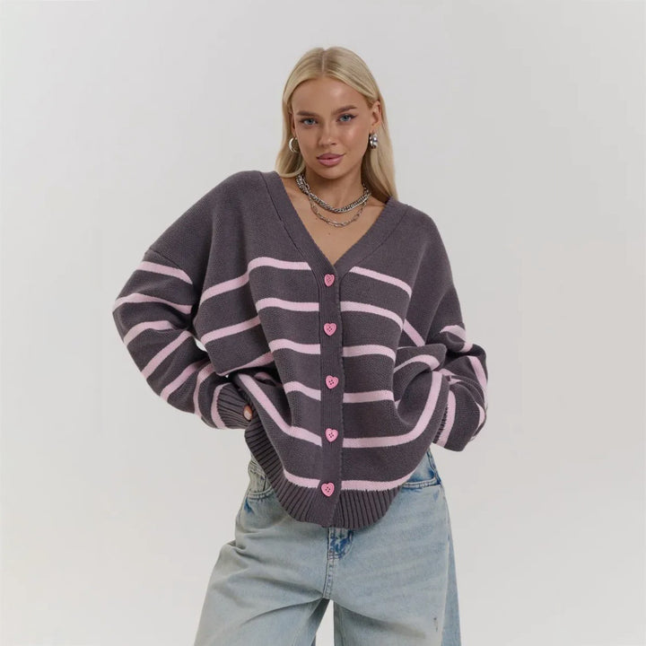 Kvinnor chunky stickad cardigan med delikata ränder Mirla-Eva Jonsson