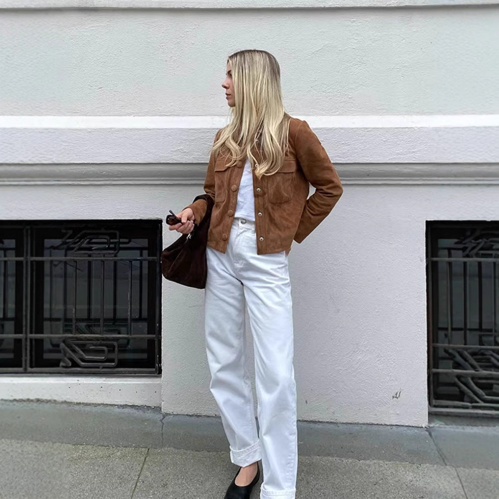 Kvinnor cropped konstläderjacka med bröstfickor Mirla-Eva Jonsson