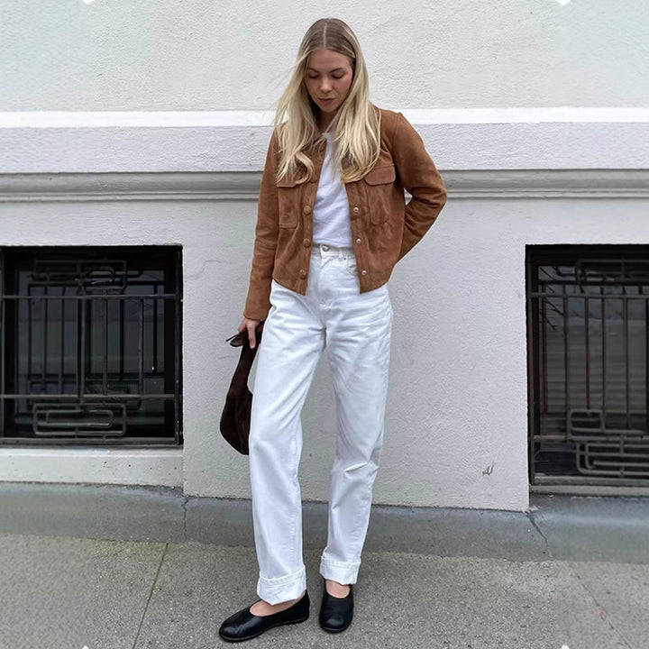 Kvinnor cropped konstläderjacka med bröstfickor Mirla-Eva Jonsson