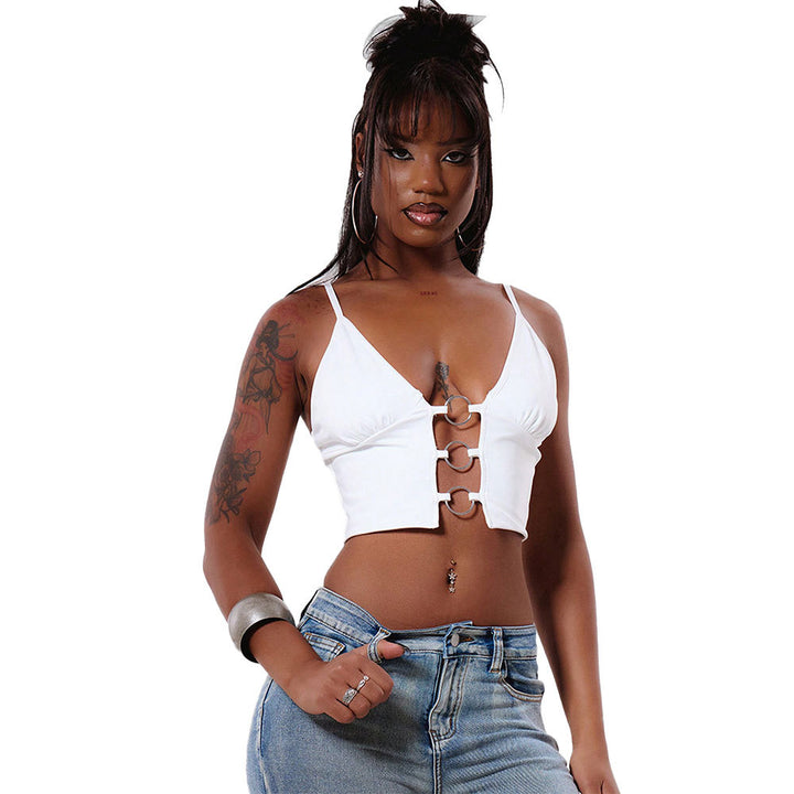Kvinnor cropped top med dekorativa spännen och v-form-Eva Jonsson