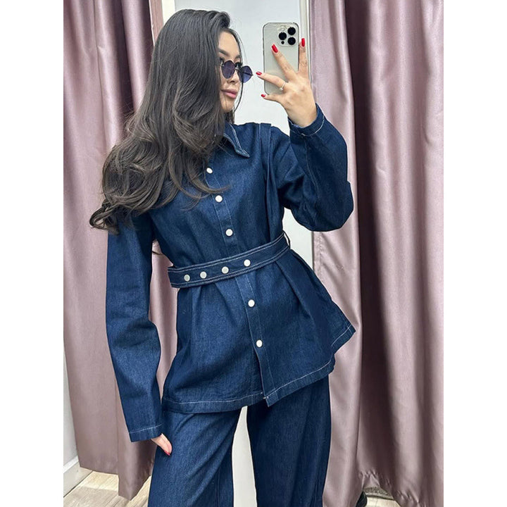 Kvinnor denimblazer-set i vintage-stil med midjebälte Mirla-Eva Jonsson