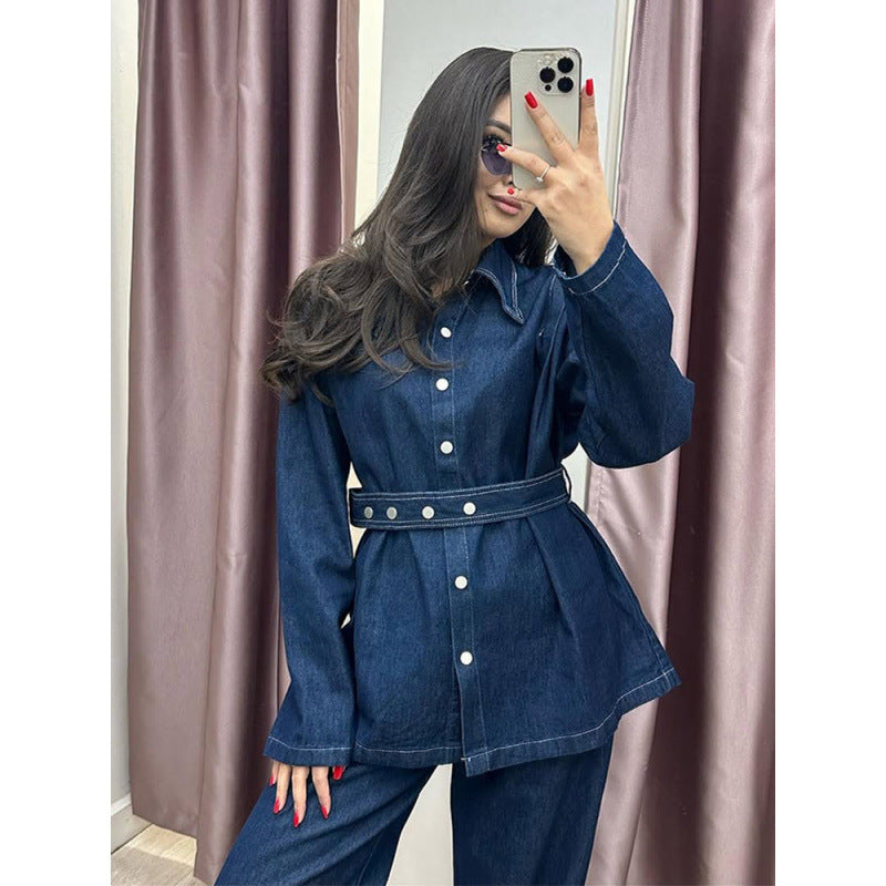Kvinnor denimblazer-set i vintage-stil med midjebälte Mirla-Eva Jonsson