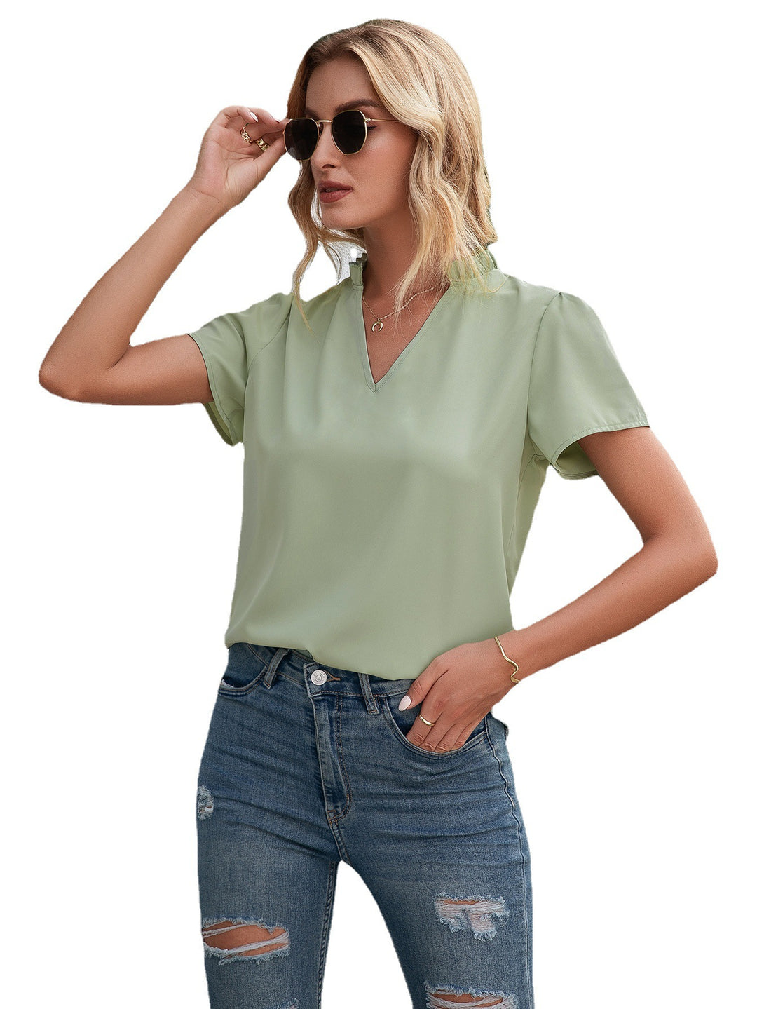 Kvinnor elegant V-ringad blus tröja i flytande material Eva Jonsson-Eva Jonsson