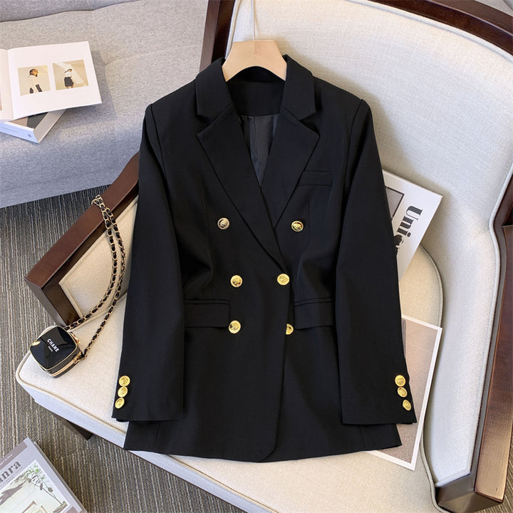 Kvinnor elegant dubbelknäpps-blazer med smal passform och gyllene dekorationer Mirla-Eva Jonsson