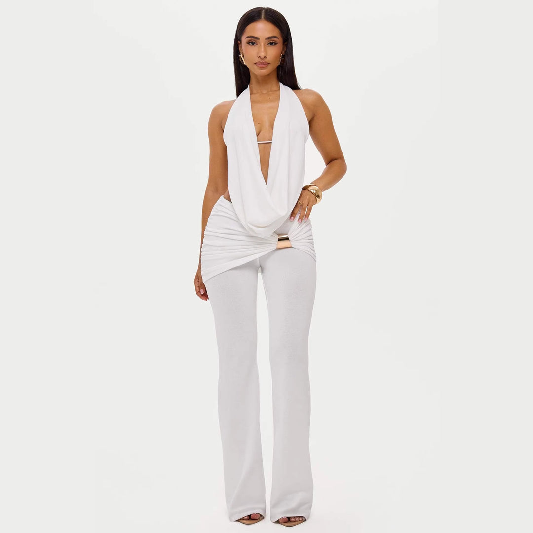 Kvinnor elegant, figurnära jumpsuit med djup halsringning och vida ben Mirla-Eva Jonsson