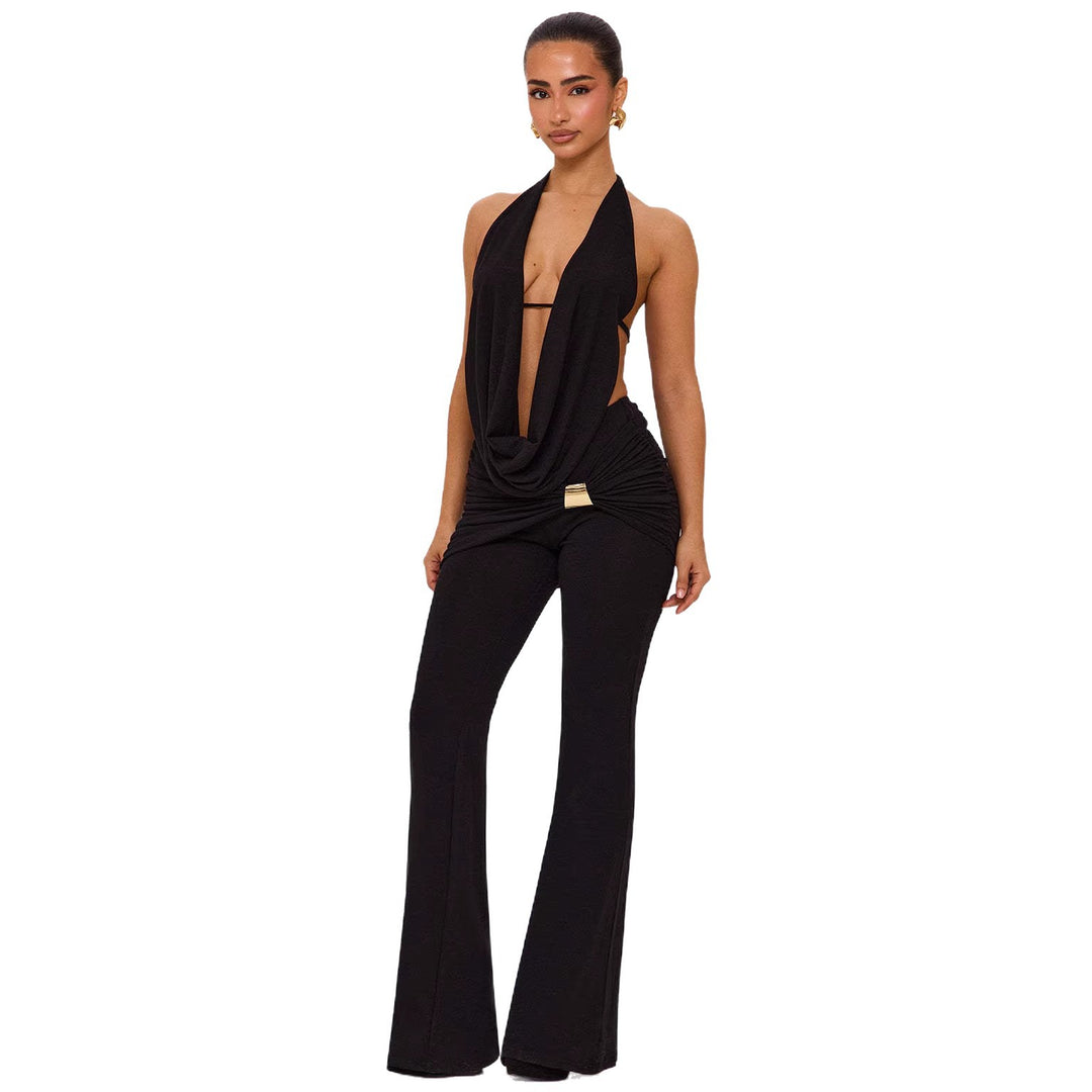 Kvinnor elegant, figurnära jumpsuit med djup halsringning och vida ben Mirla-Eva Jonsson