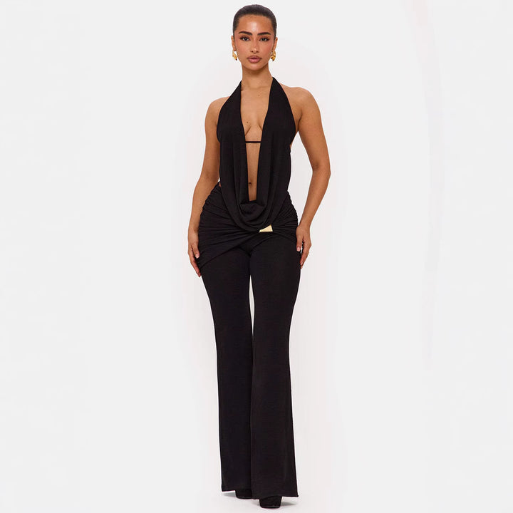Kvinnor elegant, figurnära jumpsuit med djup halsringning och vida ben Mirla-Eva Jonsson