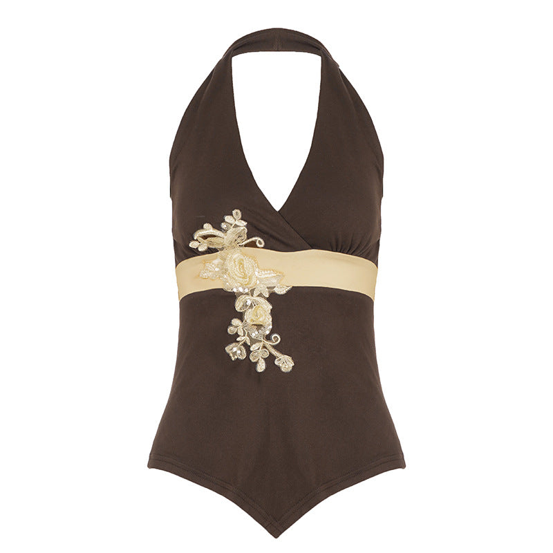 Kvinnor elegant halterneck-baddräkt med lyxiga broderier Mirla-Eva Jonsson
