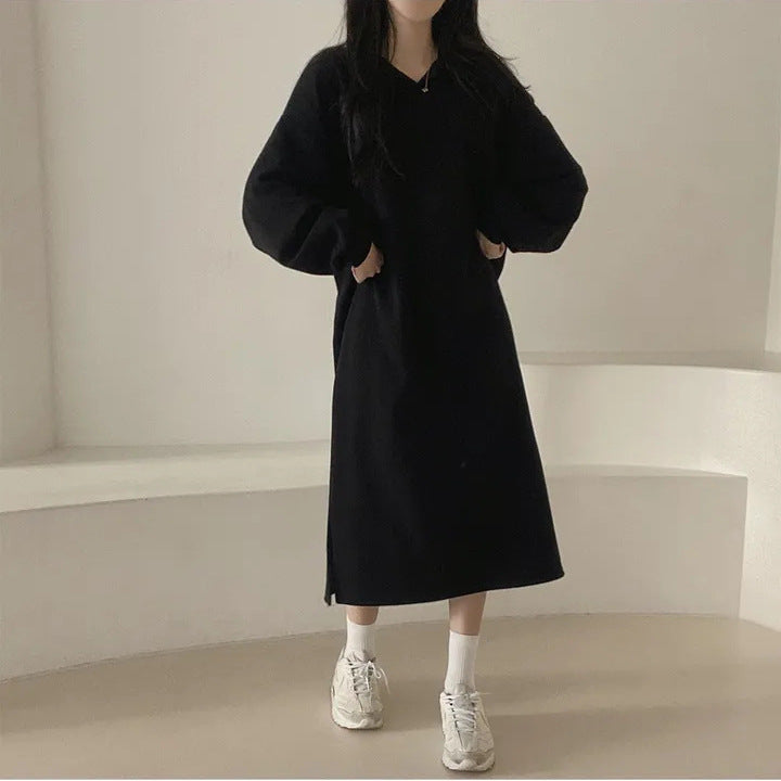 Kvinnor elegant hoodie klänning med avslappnade puff ärmar och sidoflik-Eva Jonsson
