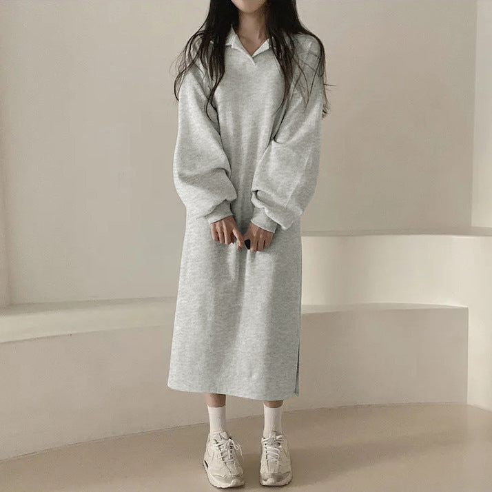 Kvinnor elegant hoodie klänning med avslappnade puff ärmar och sidoflik-Eva Jonsson