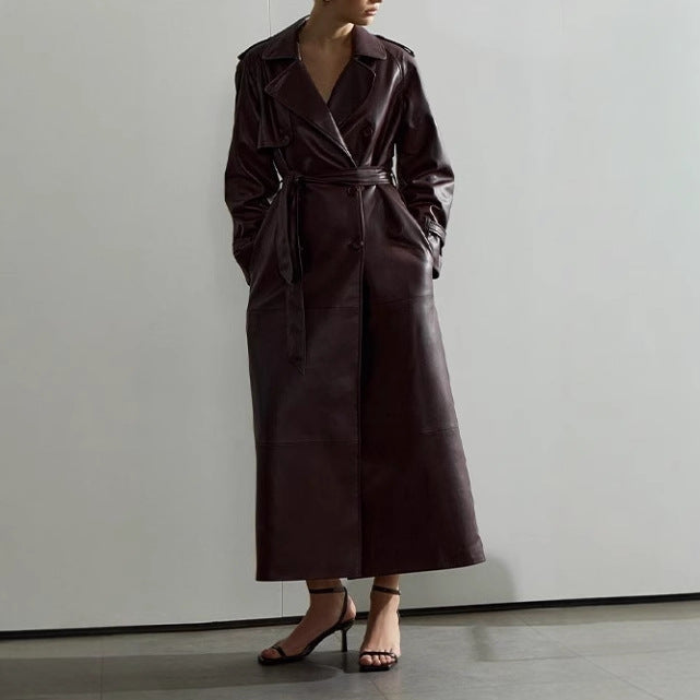 Kvinnor elegant konstläder trenchcoat med midjeformande bälte och praktiska fickor Eva Jonsson-Eva Jonsson