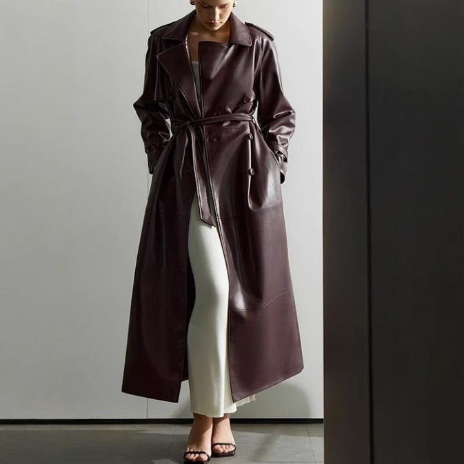 Kvinnor elegant konstläder trenchcoat med midjeformande bälte och praktiska fickor Eva Jonsson-Eva Jonsson