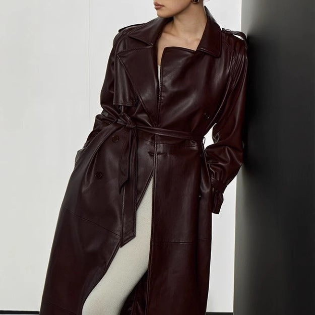 Kvinnor elegant konstläder trenchcoat med midjeformande bälte och praktiska fickor Eva Jonsson-Eva Jonsson