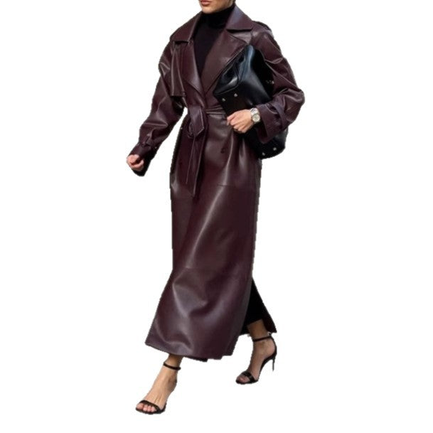 Kvinnor elegant konstläder trenchcoat med midjeformande bälte och praktiska fickor Eva Jonsson-Eva Jonsson